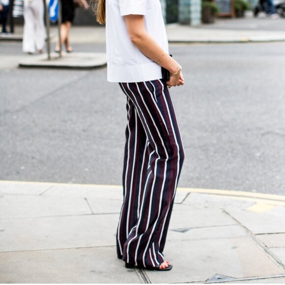 Joseph | US 10/L or FR 42 | College Stripe Pull-On Silk Pants | Navy, Burgundy, - Picture 1 of 7